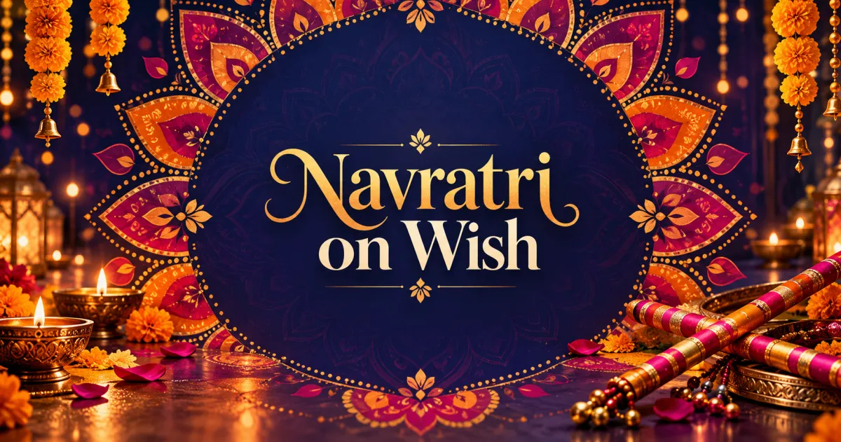 A festive Navratri design with diyas, rangoli, and dandiya sticks